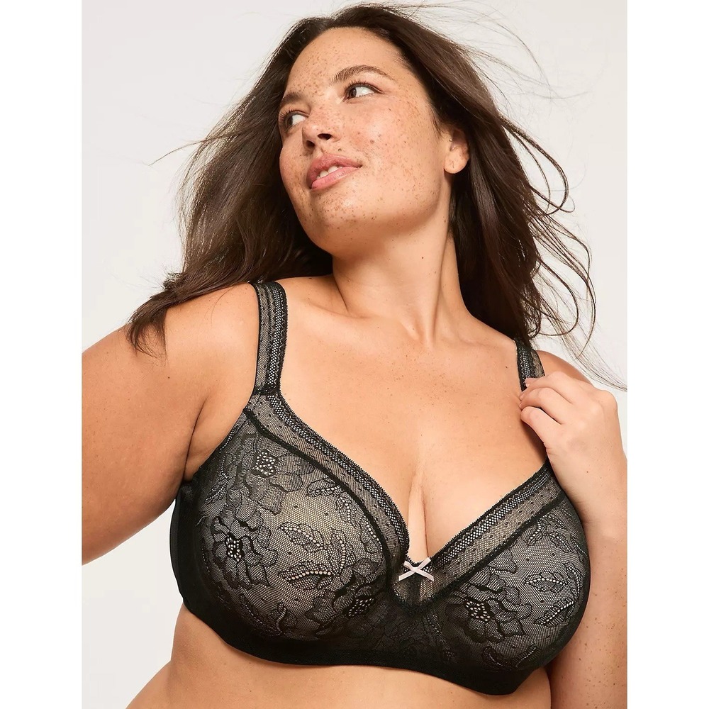 Cacique Balconette Bra 40D Lightly Lined Seamless Lace Underwire Black Sexy